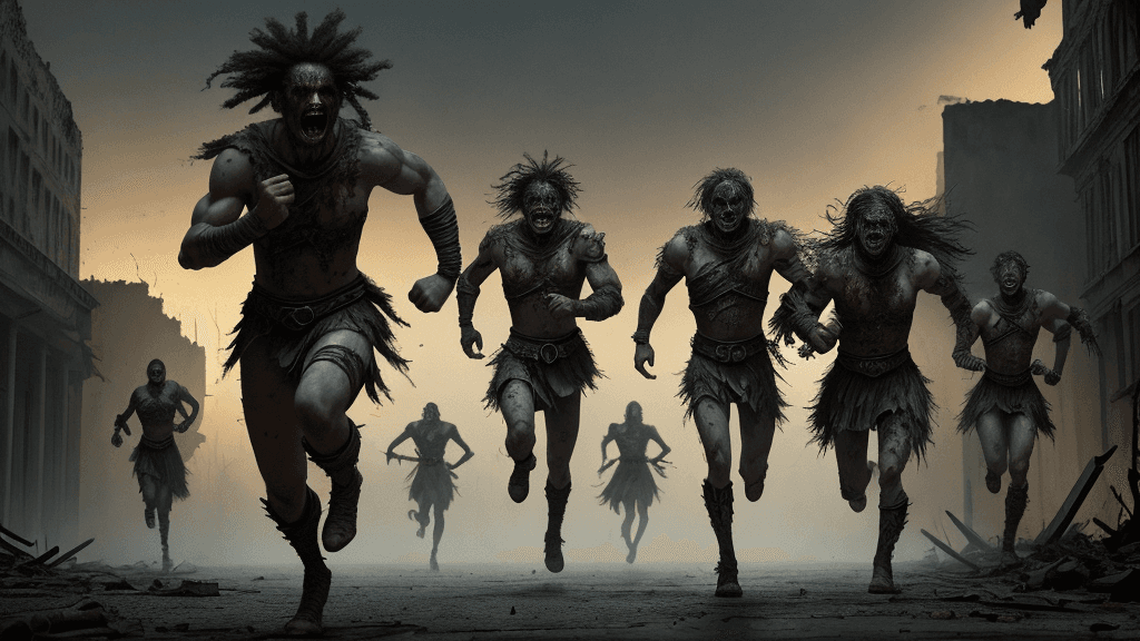 AI generated: Warriors dressed as warriors, running away from a ruined deserted city at night, action, horror, hys...