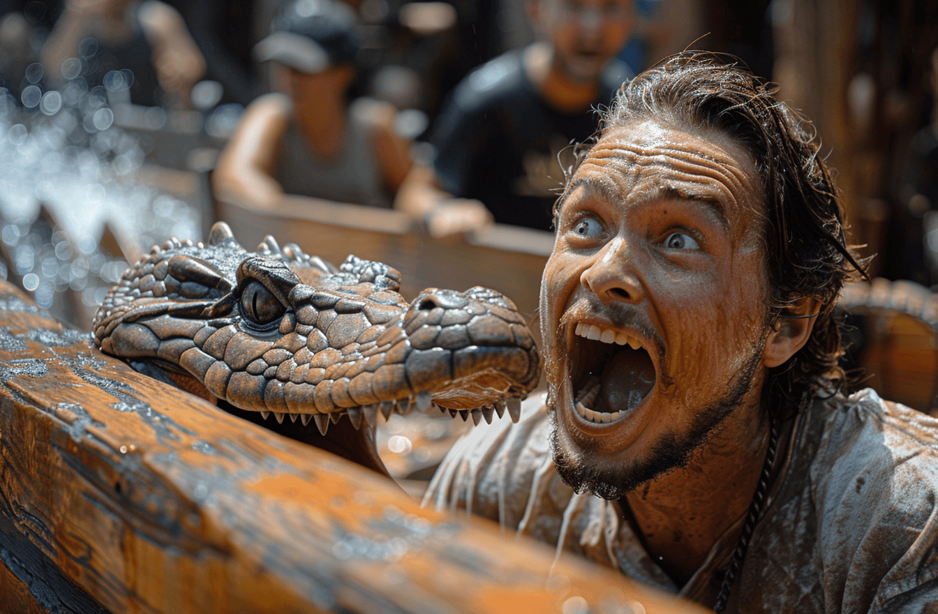 AI generated: man with a wide opening mouth near a wooden roller coaster, in the style of hyperrealistic murals, s...