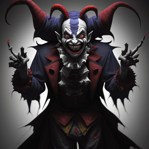 AI generated: An evil jester with monstrous features in a surreal scene. The jester has a twisted, unsettling smil...