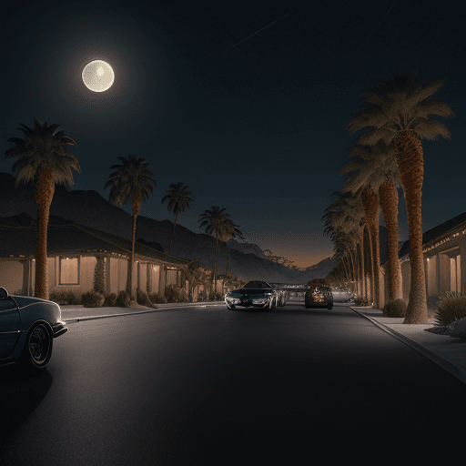 AI generated: The image captures a serene night scene on a Palm Springs street, where the moon casts a gentle glow...