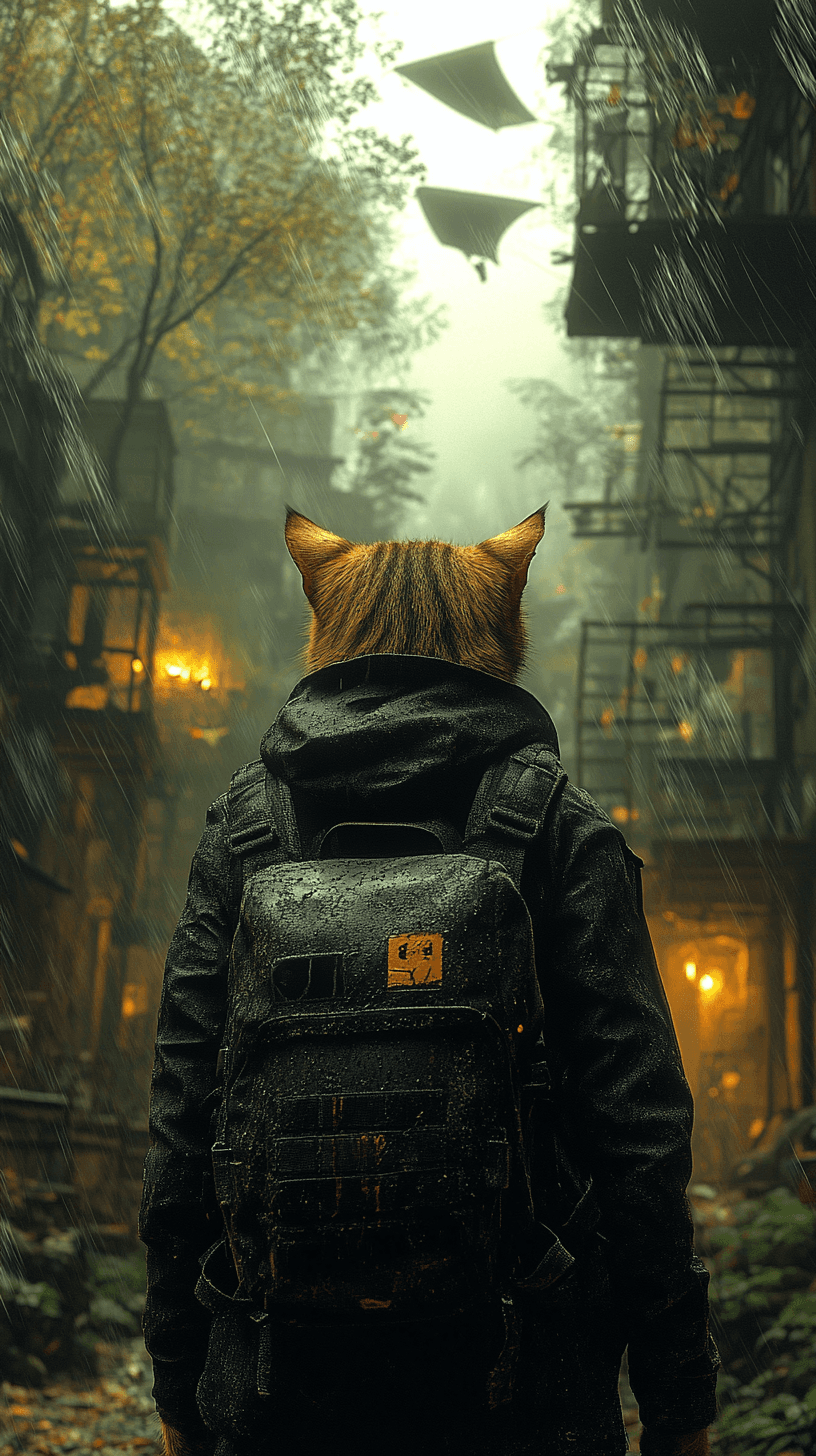 AI generated: A cat stands motionless at the center of a mist-covered forest clearing. Rain falls steadily, soakin...