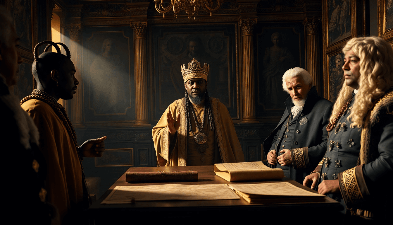 AI generated: A dramatic, ultrarealistic photo  a mysterious African priest in traditional robes and tribal adornm...