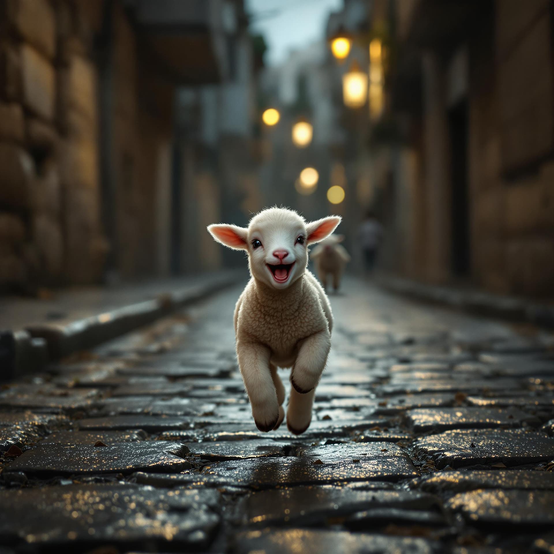 AI generated: a baby lamb running and laughing, streets of jerusalem, dark lights, cinematic, hyper realistic, det...