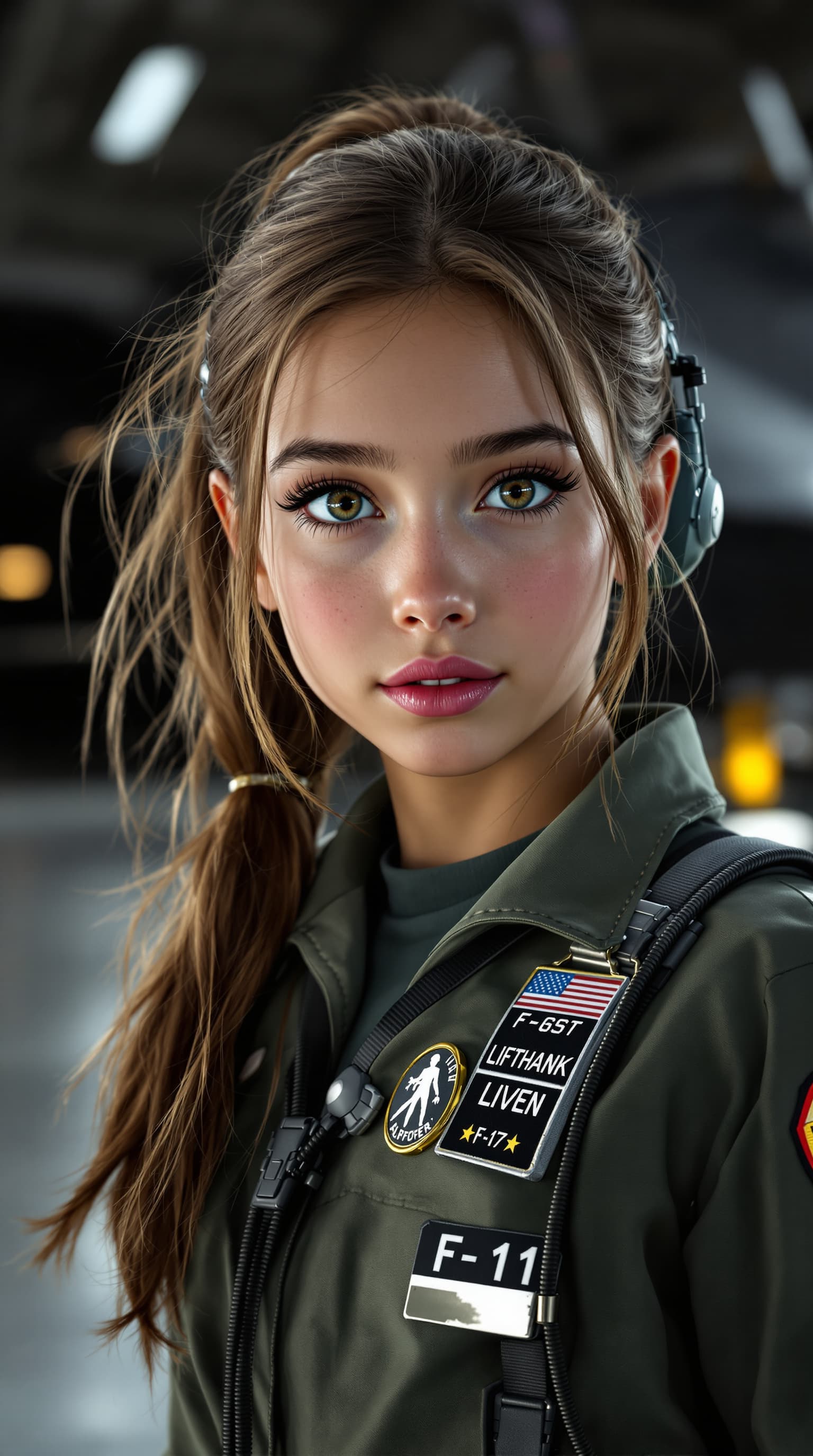 AI generated:  A professional photograph captures the most beautiful tween girl in the world, standing next to a L...