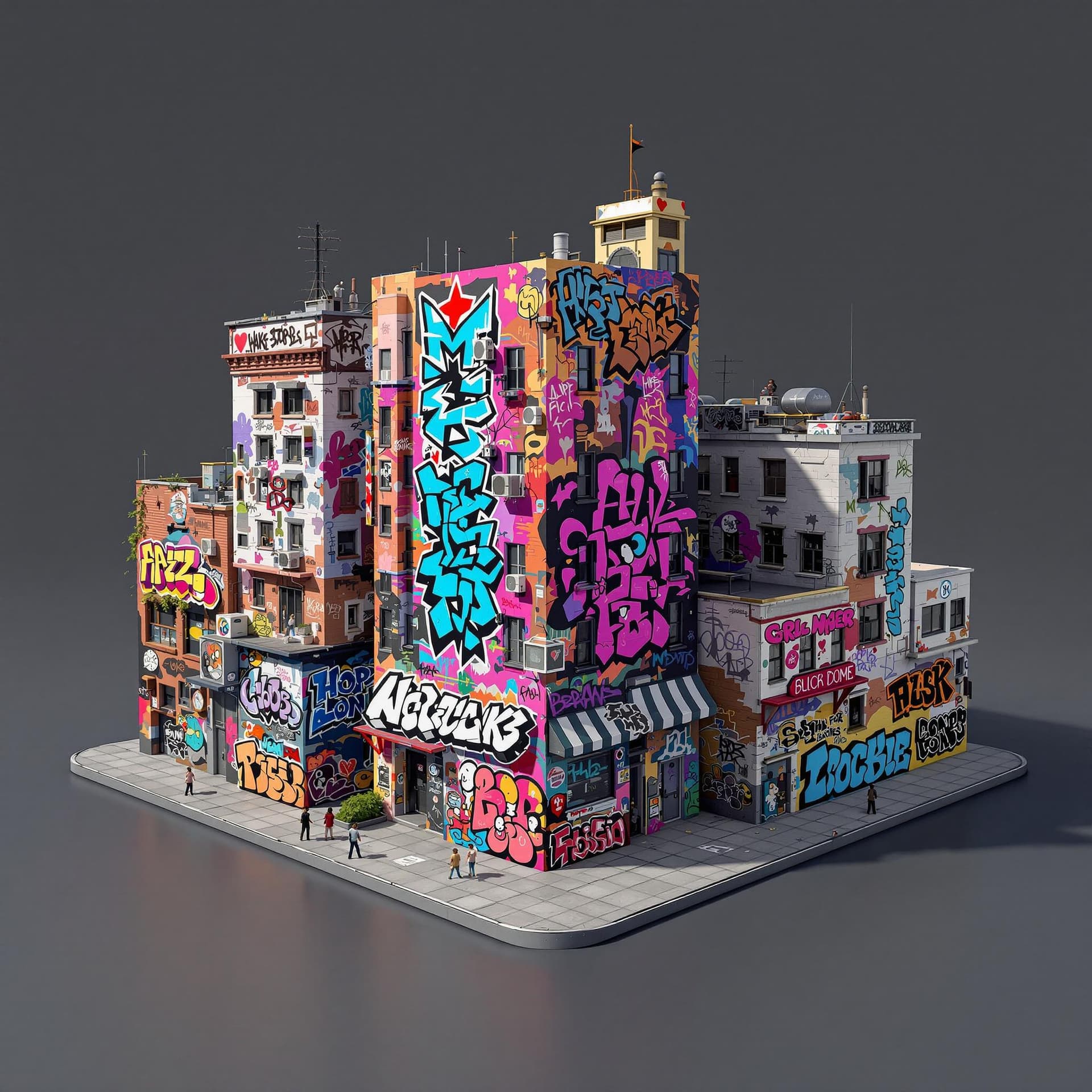 AI generated: 3d illustration hip hop graffiti urban buildings and graffiti walls