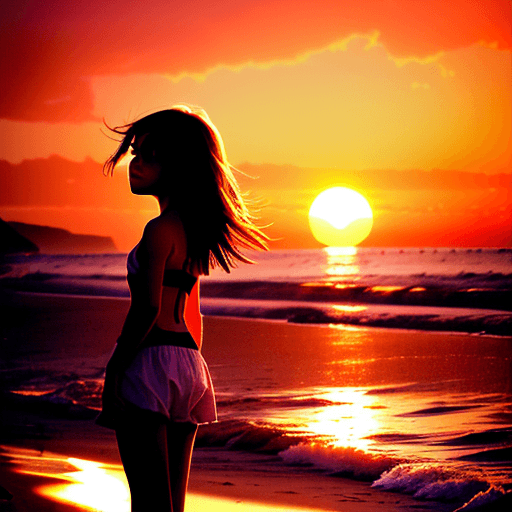 AI generated: a girl on a beach with a pretty sunset
