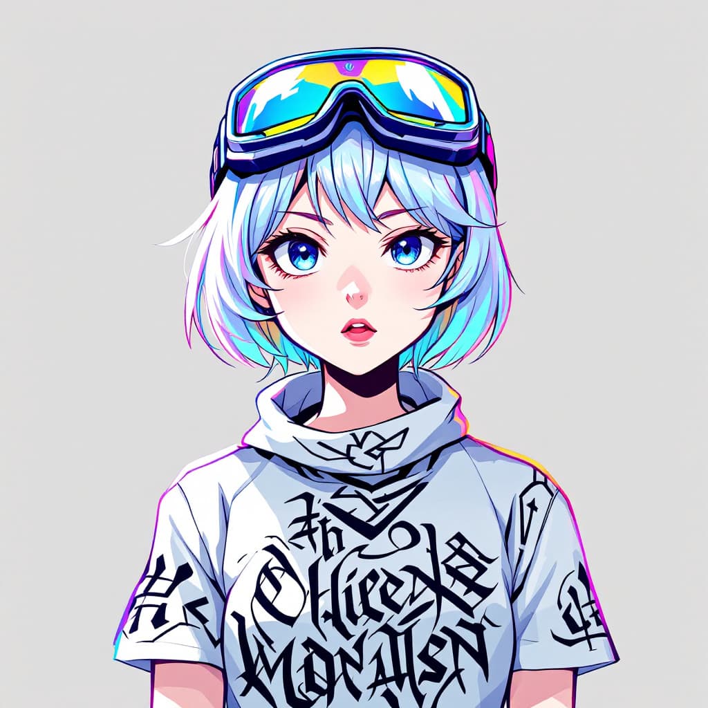 AI generated: 1 girl, solo, simple background, safety goggles on head, techwear, (iridescent hair1.2), mechanic, h...