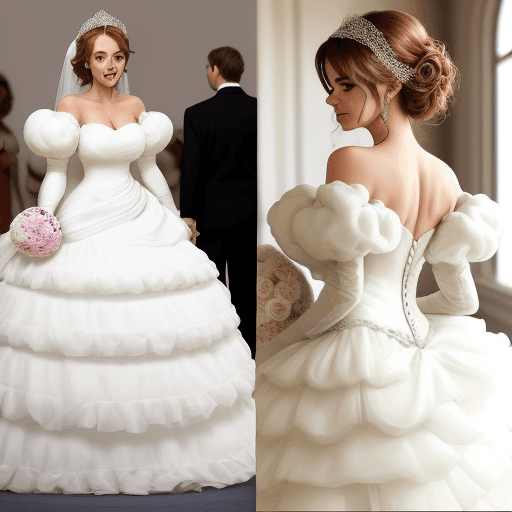 AI generated: cute woman in huge poofy wedding dress with huge short poofy shoulder sleeves