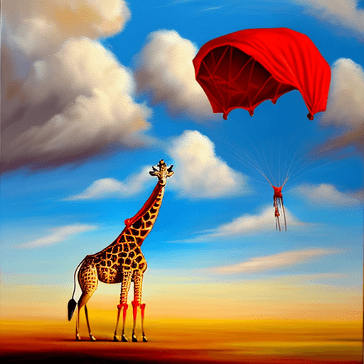 AI generated: Giraffe tied to one red parachute amidst sunny clouds.
Style: oil painting