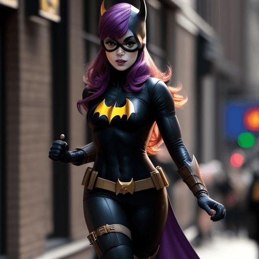AI generated: Charlie Murphy irish actress walking dressed as Batgirl