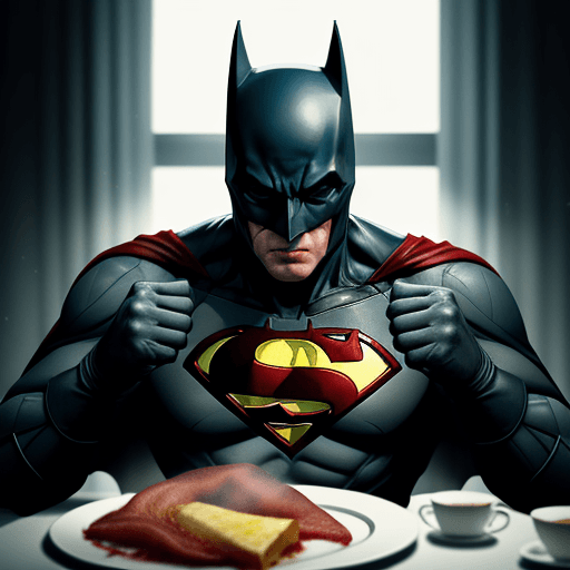 AI generated: Batman eat super man on breakfast,4 k ultra HD 