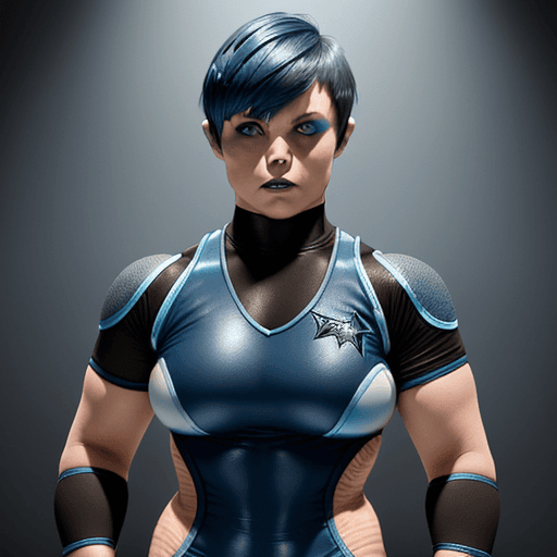 AI generated: Shark Skinned Female Wrestler, Dark Blue Attire, White Elbow Pads, Dark Blue Pixie Haircut With Grey...