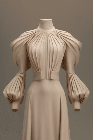 AI generated: Front view of a blouse design, featuring a high neckline and pleats at the shoulders, shot from the ...