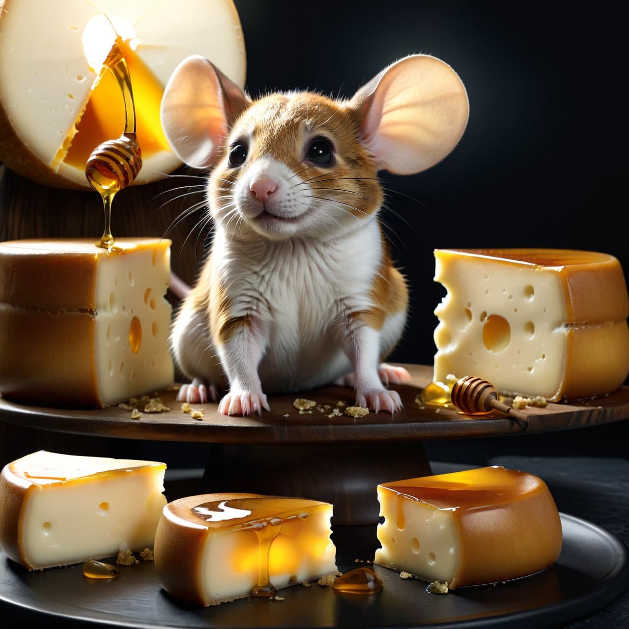AI generated: Cheesepunk mouse cheese cult, glowing honey, sophisticated background matte painting, concept art, h...