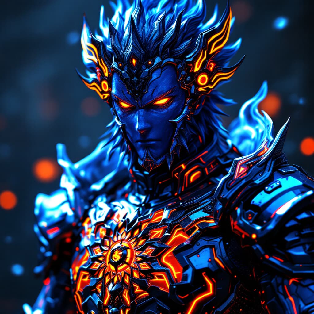 AI generated: Ultra-detailed image of tobirama senju from Naruto Shippuden, with royal blue metal armor, neon ligh...