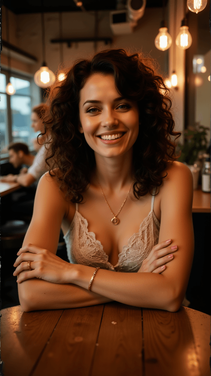 AI generated: A woman with curly dark hair, seated at a table in a casual setting, wearing a lacy light-colored ca...