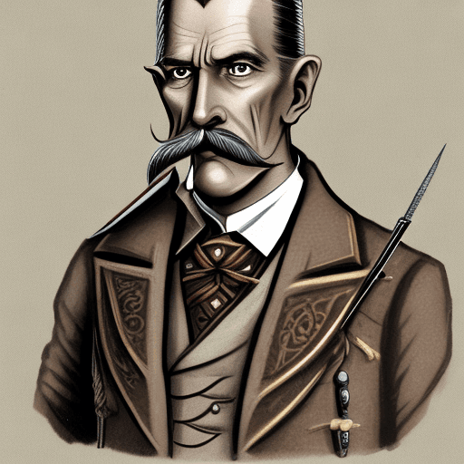 AI generated: Lord Hastings, 50s, tall broad shoulders, slender frame, thick groomed mustache, Victorian style hun...