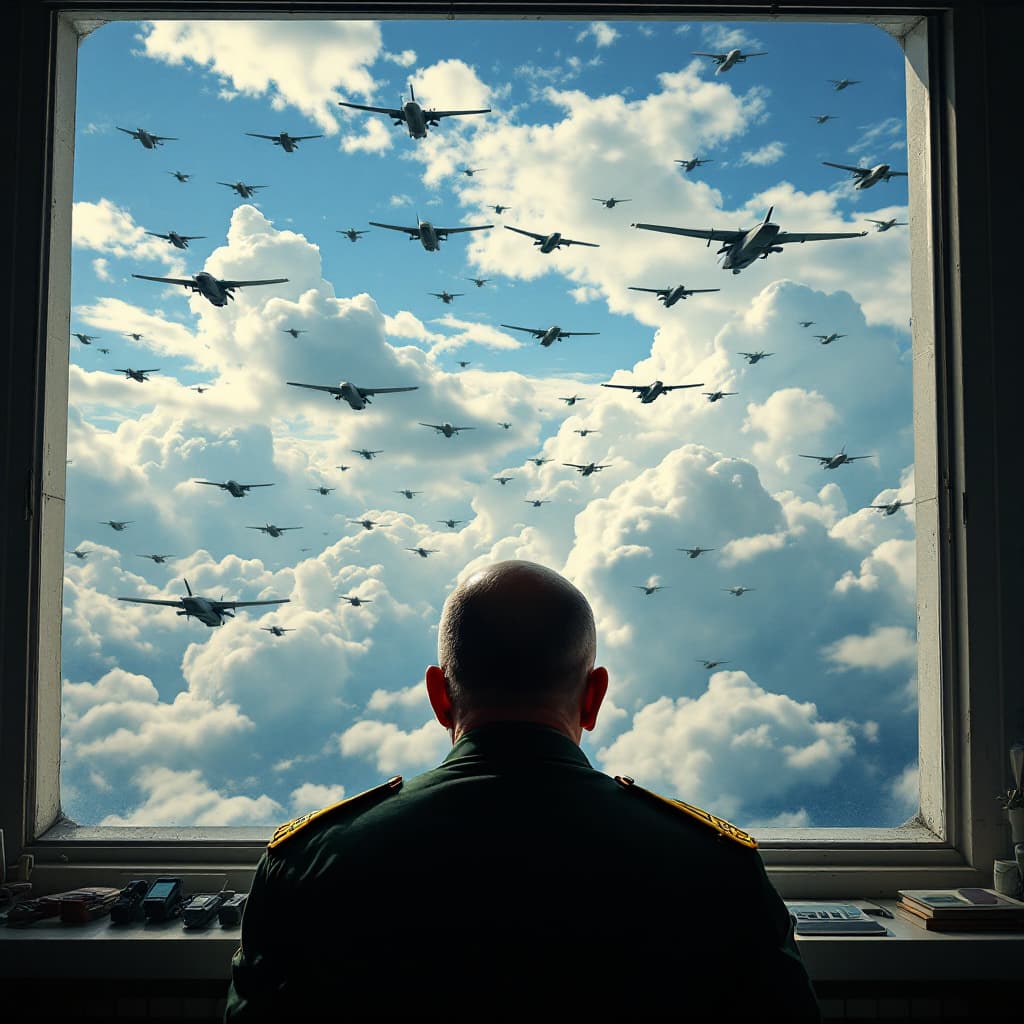AI generated: The camera zooms in from behind the army general towards the window, showing a sky filled with milit...