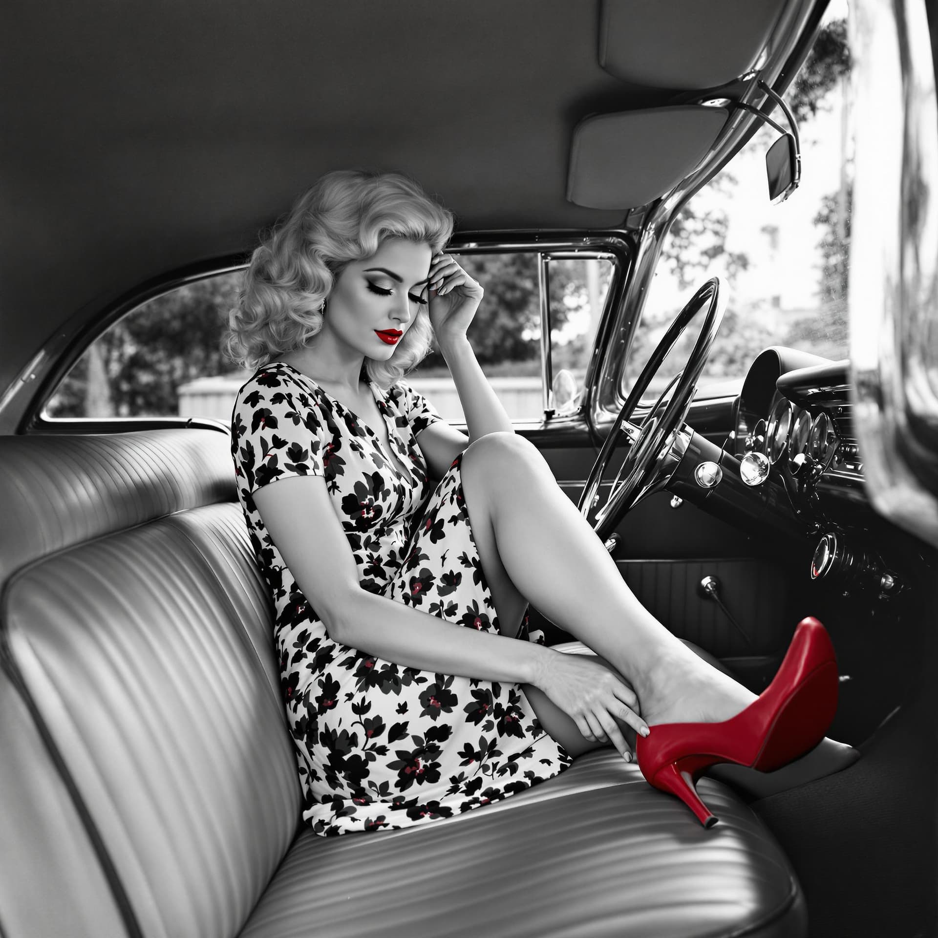 AI generated: A nostalgic black-and-white image of a stylish vintage scene featuring a blonde woman sitting inside...