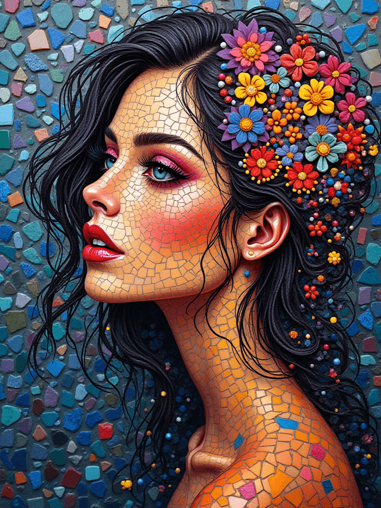 AI generated: pretty woman made entirely of mosaic stones - stones are very brightly colored - use gemstones for h...