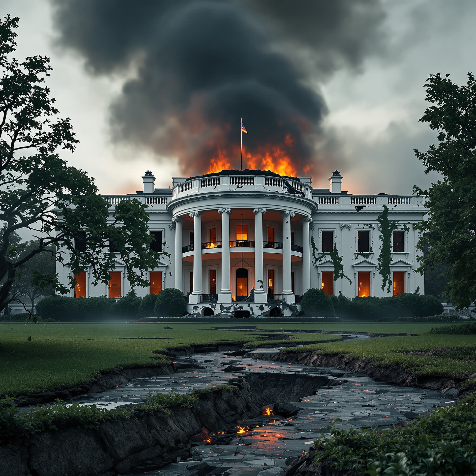AI generated: front view of a post world war 3 the presidential white house, it is destroyed with dark smoke comin...