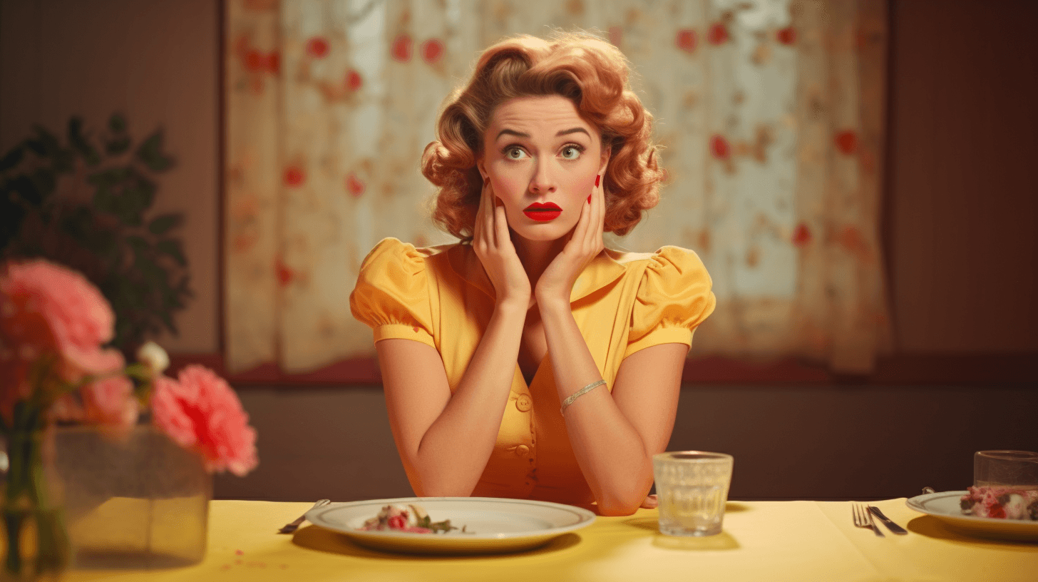 AI generated: Lofi photography, pristine housewife eats dinner alone, world falls apart around her while she is un...