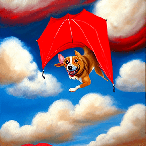 AI generated: Falling happy dog attached to a red parachute amidst sunny clouds.
Style: oil painting
