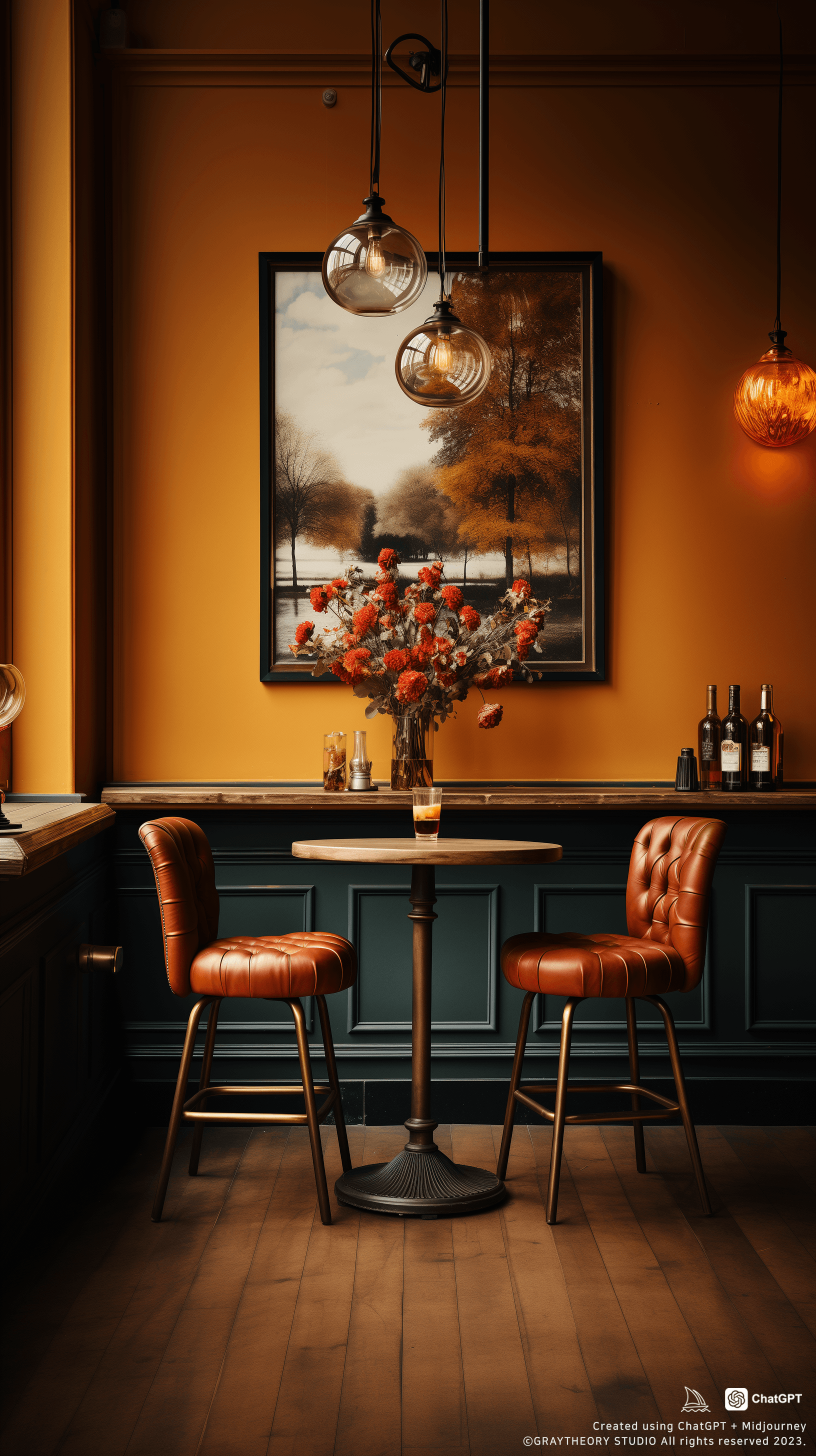 AI generated: eye level, photo, bar, minimalistic interior, abstract large art frame, office snapshot, frame magaz...