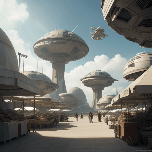 AI generated: A Star Wars movie scene set on the planet Scarif, a large spaceport with various spaceships parked i...