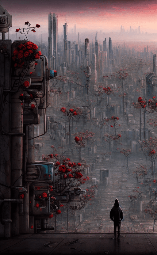 AI generated: post-apocalyptic panoramic cityscape with a man in a hoodie holding a bouquet of roses in one hand o...