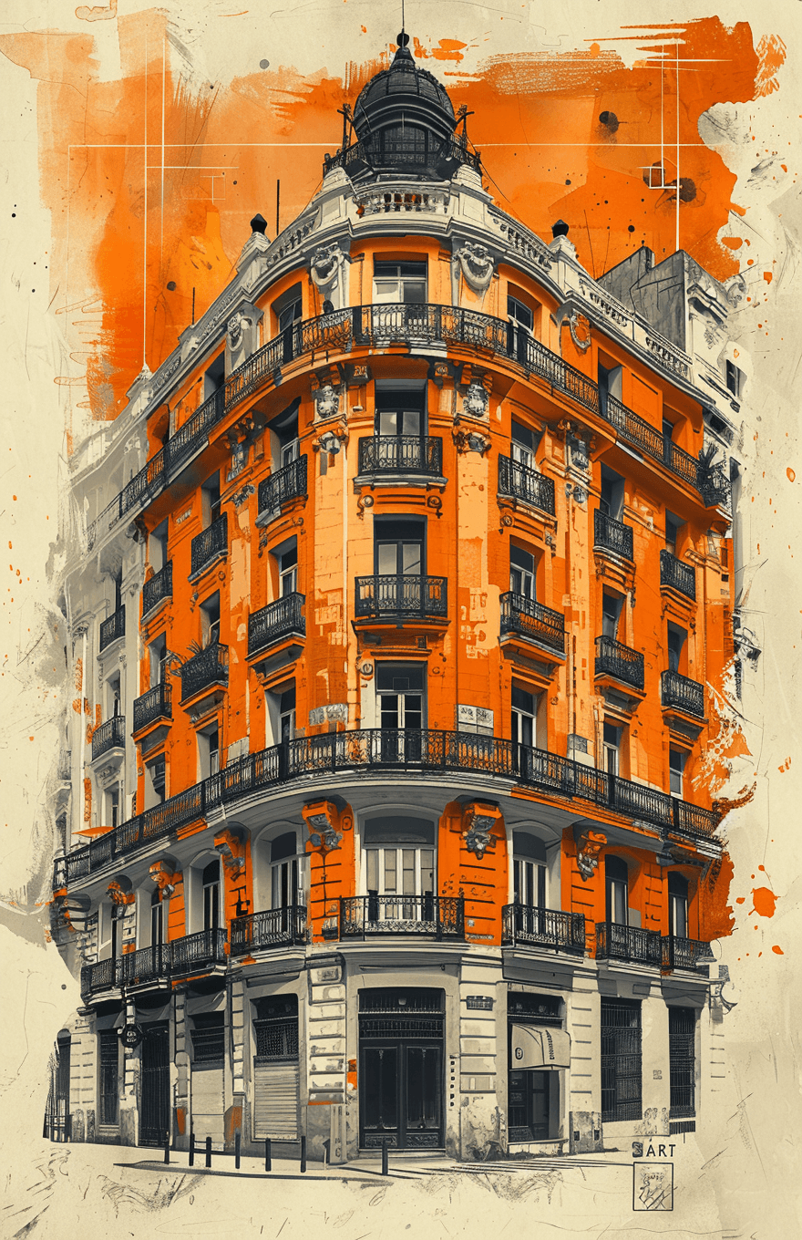 AI generated: vector drawing of an old building in the style of Paul Rand, surrounded by buildings from Montevideo...