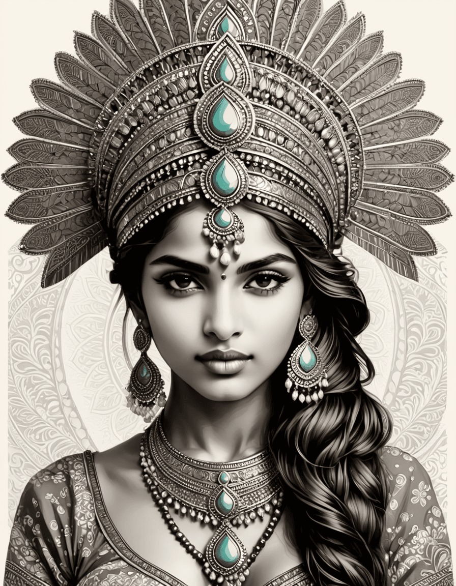 AI generated: bohemian style drawing, a hindi woman with ornate headdress