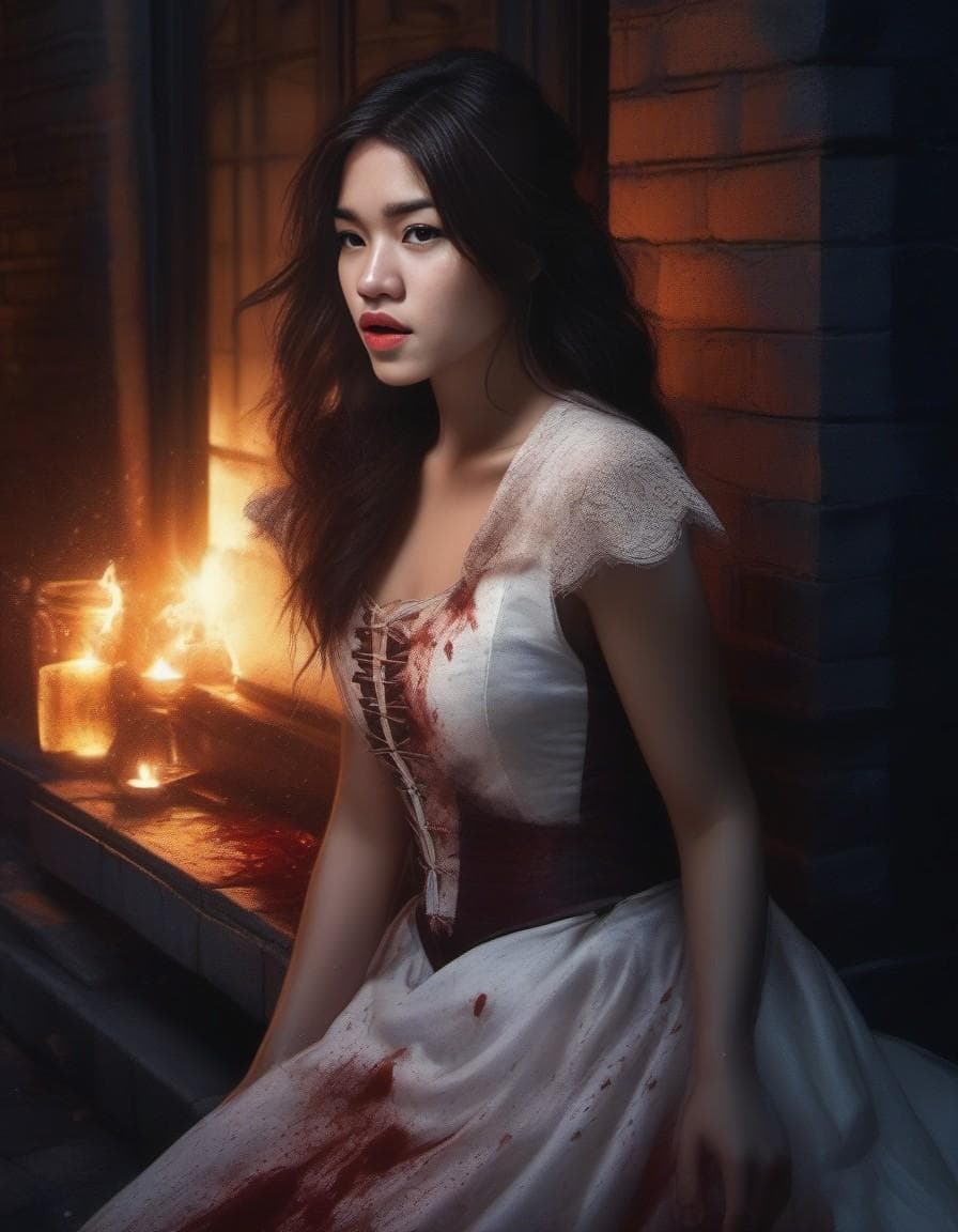 AI generated: extremely detailed CG unity 8k wallpaper portrait of a vampire woman biting the viewer in a victoria...