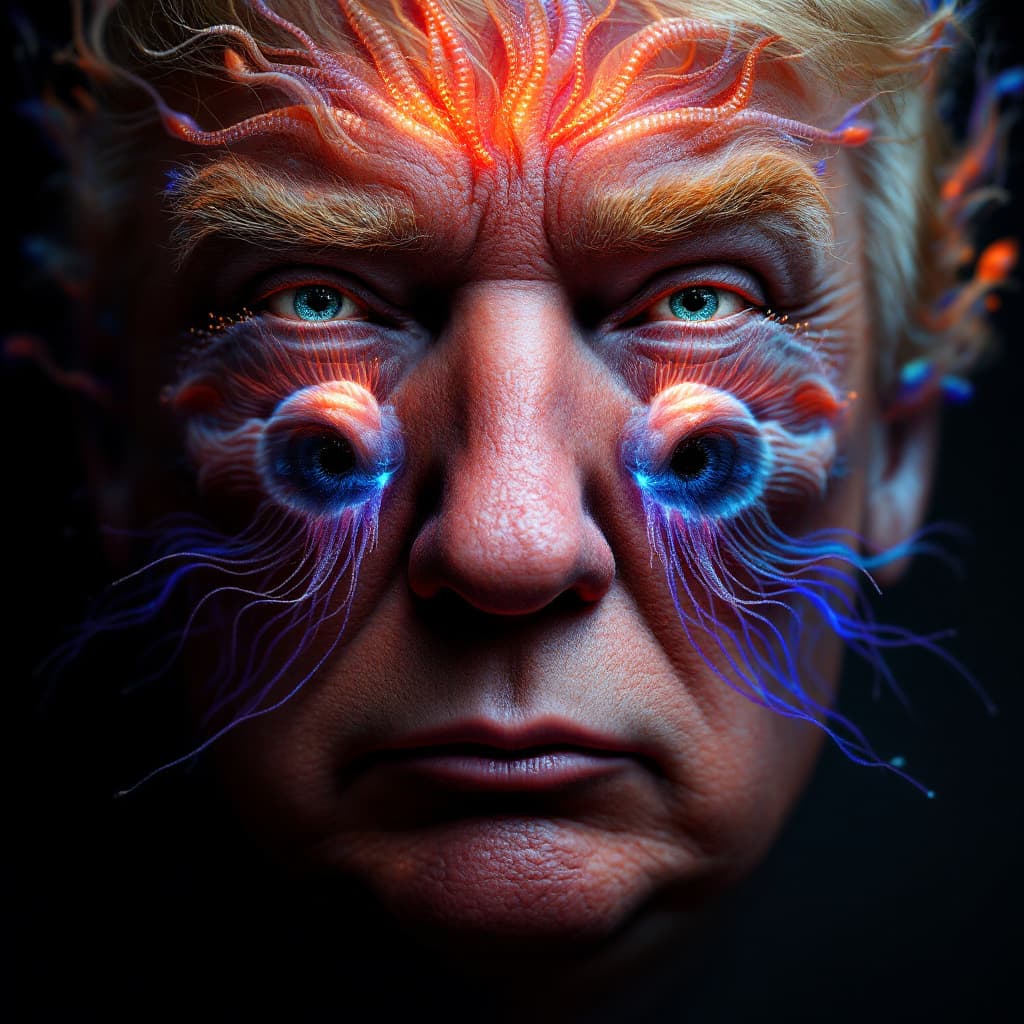 AI generated: Donald Trump close-up portrait his head on a fat pig. jellyfish phoenix head, nautilusl, betta fish,...