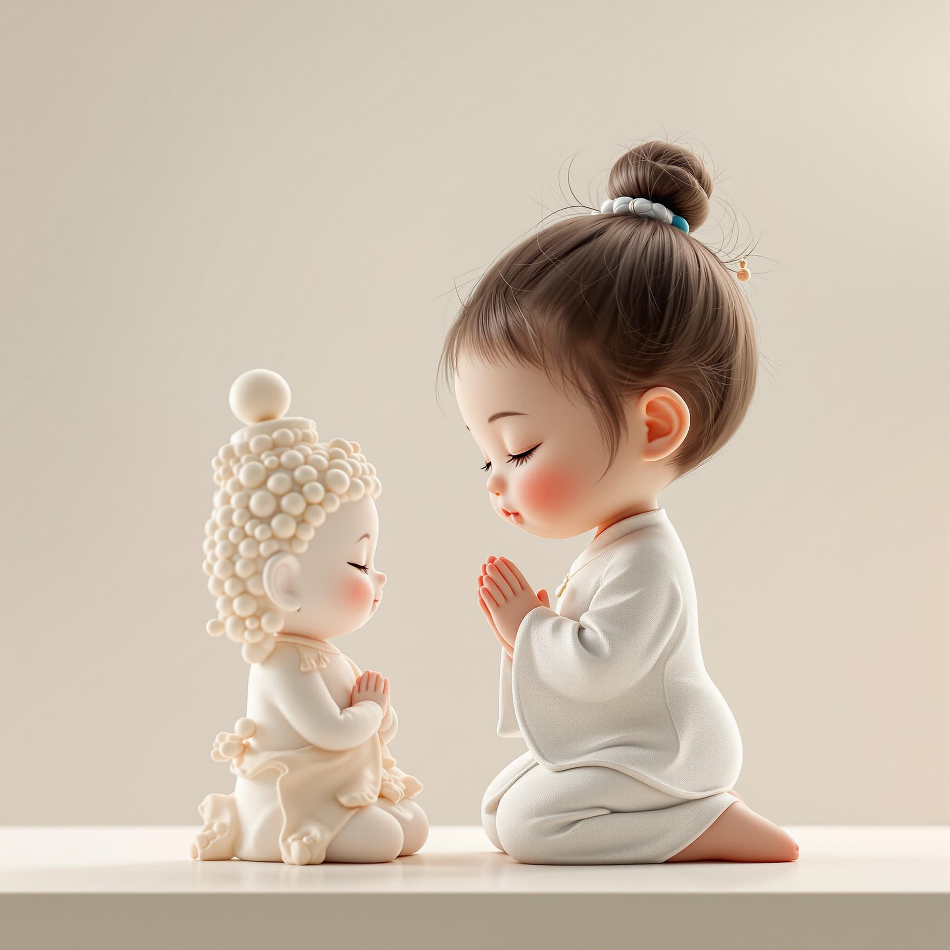 AI generated: whimsical Realistic of Pixar, Bryce 3D, side-view, a kawaii, chubby-cheeked Asian baby girl kneeling...