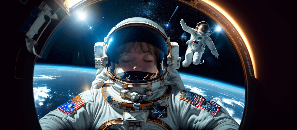 AI generated: An astronaut floating in space, Earth in the background, stars scattered, space debris, reflections ...