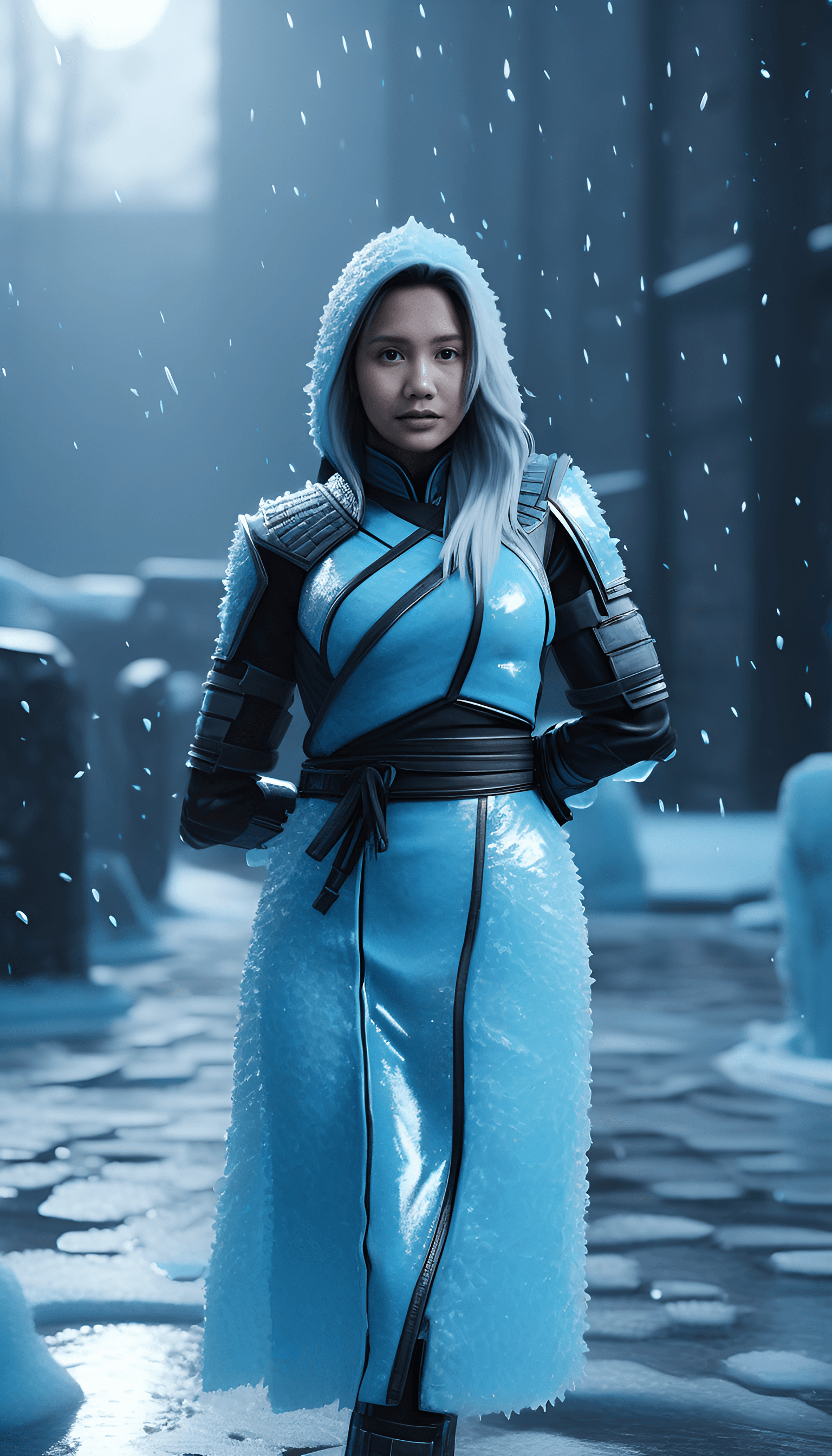 AI generated: Mortal Kombat Frost, cyberpunk, outdoor, street, ice blue, hyperrealism, photorealistic, 8k, unreal ...