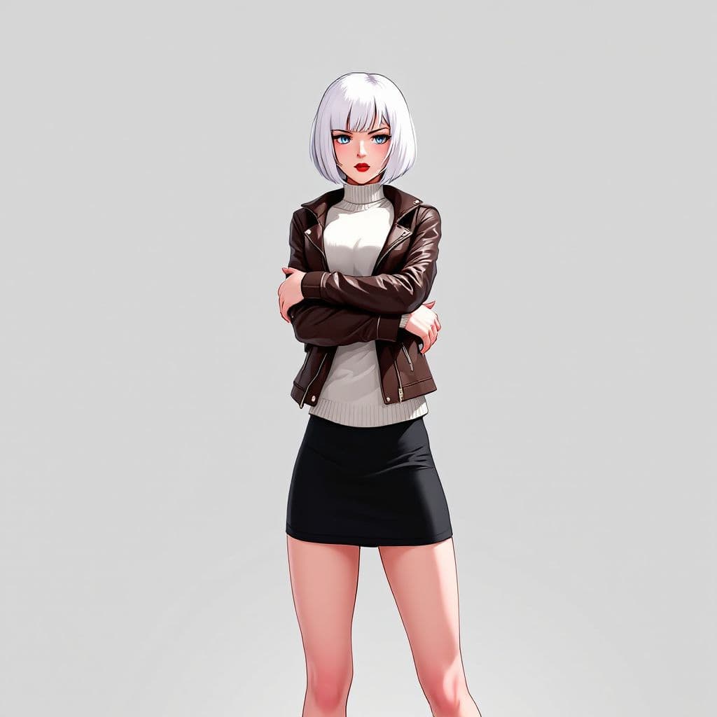 AI generated: anime, woman, white hair, bob cut, straight bangs, blue eyes, red lips, white sweater, tight sweater...