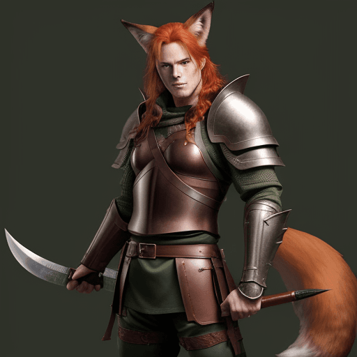 AI generated: Character: Tall, lean, slightly muscular red-haired green-eyed man with fox ears and tail in full se...