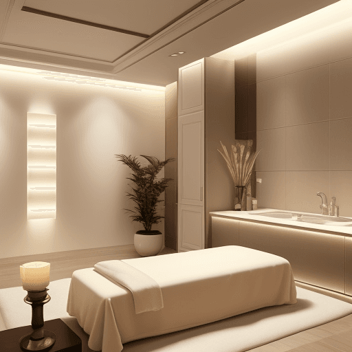 AI generated: "Transform my massage room 21.5meters width and 3 meters length room  into a luxurious spa room with...