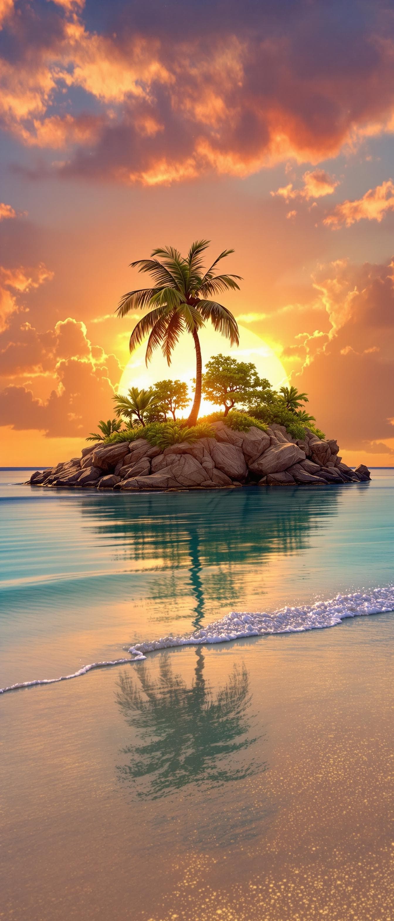 AI generated: a professional photo of a tiny tropical island (masterpiece), (realistic), with palm tree and a sing...