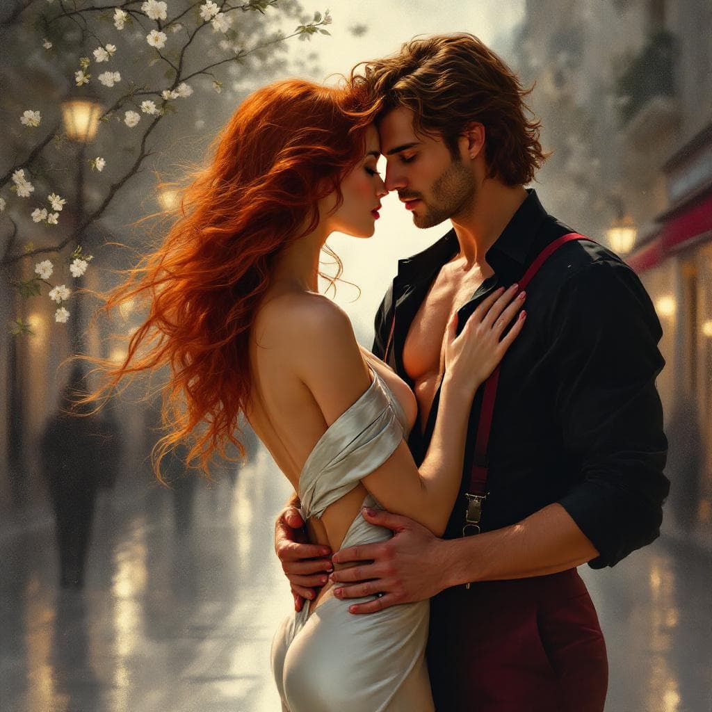 AI generated: Tamara de Lempicka’s cinematic oil painting, romantic Parisian street in spring twilight, dreamy whi...