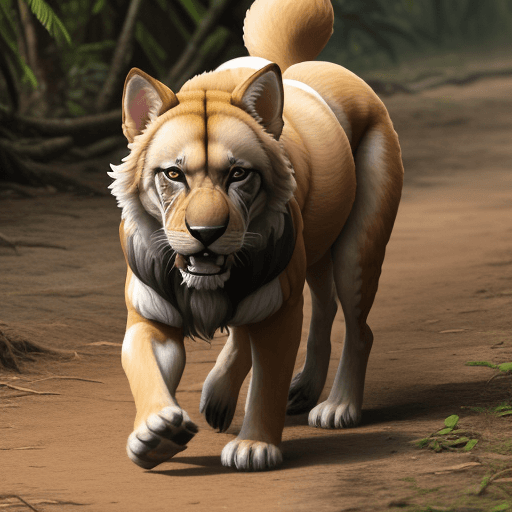 AI generated: perro furioso del campo,en la selva del amazonas,rodeado de leones,