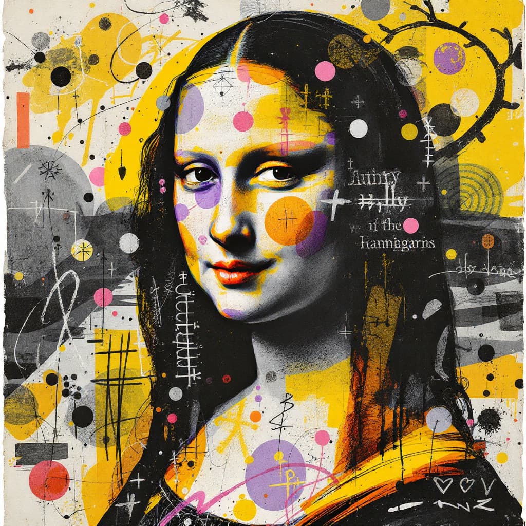 AI generated: A mixed media collage featuring Mona Lisa figure, adorned in vibrant patterns and symbols that evoke...