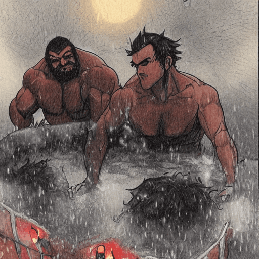 AI generated: At night in a christmas blizzard two vampire men have a romantic evening at a lantern lit onsen. The...