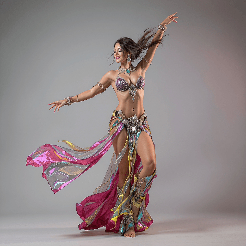 AI generated: Whole body, solo, outstanding woman, futuristic female dancer in a (intricate futuristic  belly danc...