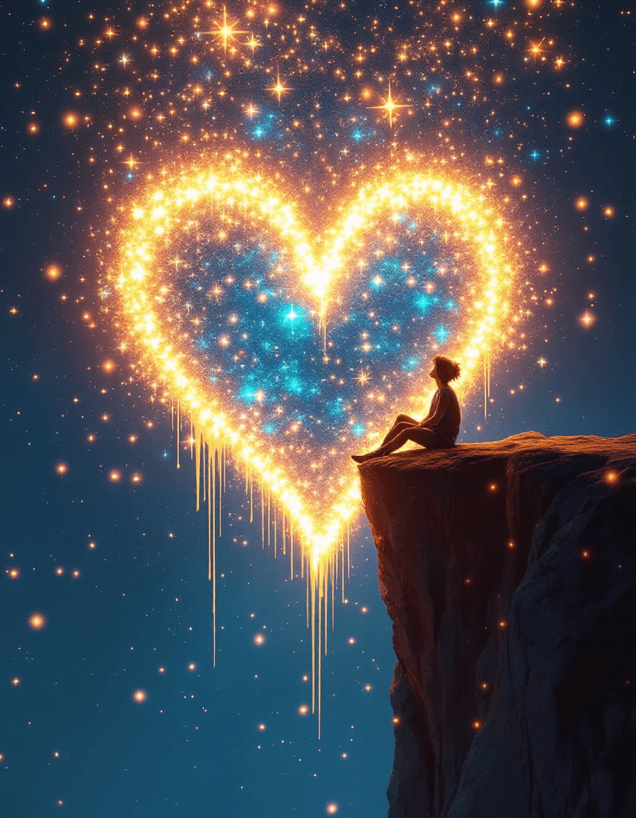 AI generated: [A **hyper-detailed 3D anime fantasy scene** of a **person sitting on the edge of a cliff**, their *...