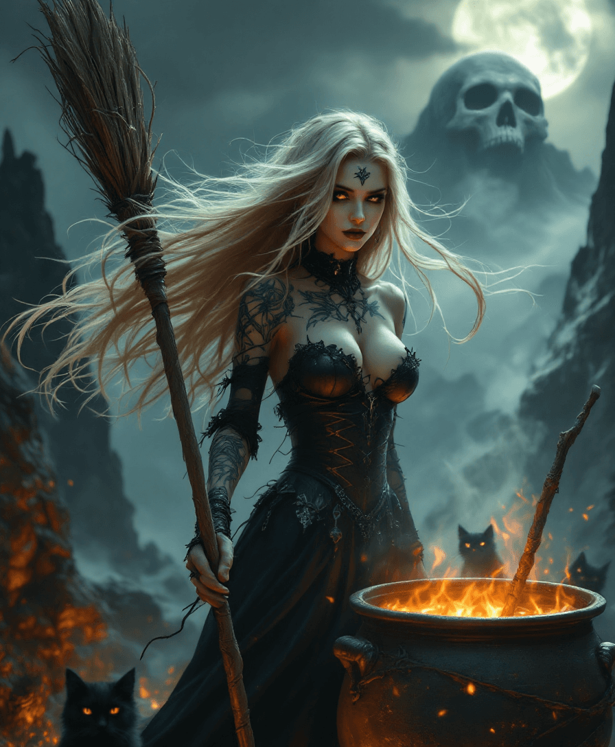 AI generated: A photorealistic, ((UHD)) studio quality portrait of a beautiful blonde witch with extremely long ha...