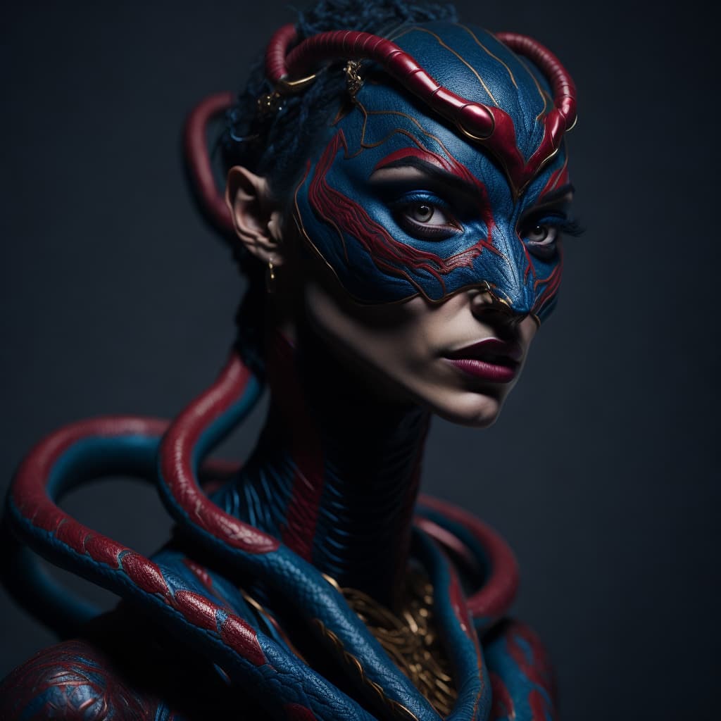 AI generated: an anthropomorphic female snake with beautiful red, blue, and gold makeup.set against a backdrop of ...