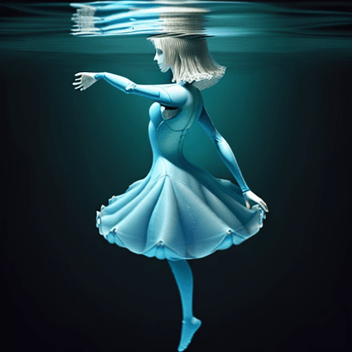 AI generated: alice floating horizontally under water.
realistic, not creepy
looking towards the top
 arm pointing...